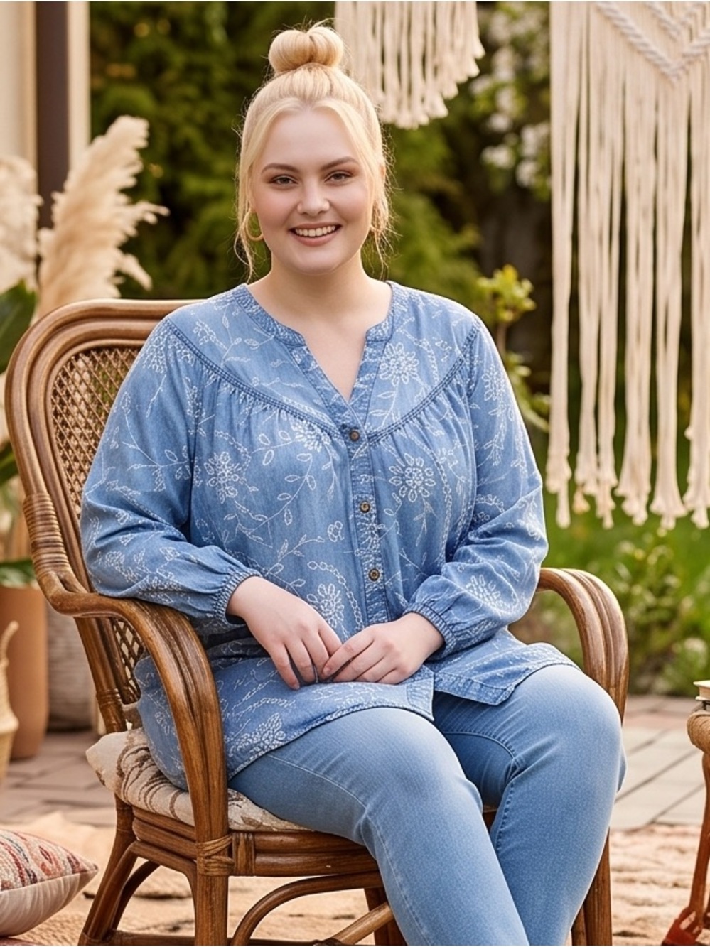 The Pioneer Woman - Denim Effect Floral Button-Front Tunic or Dress 100% Lyocell
